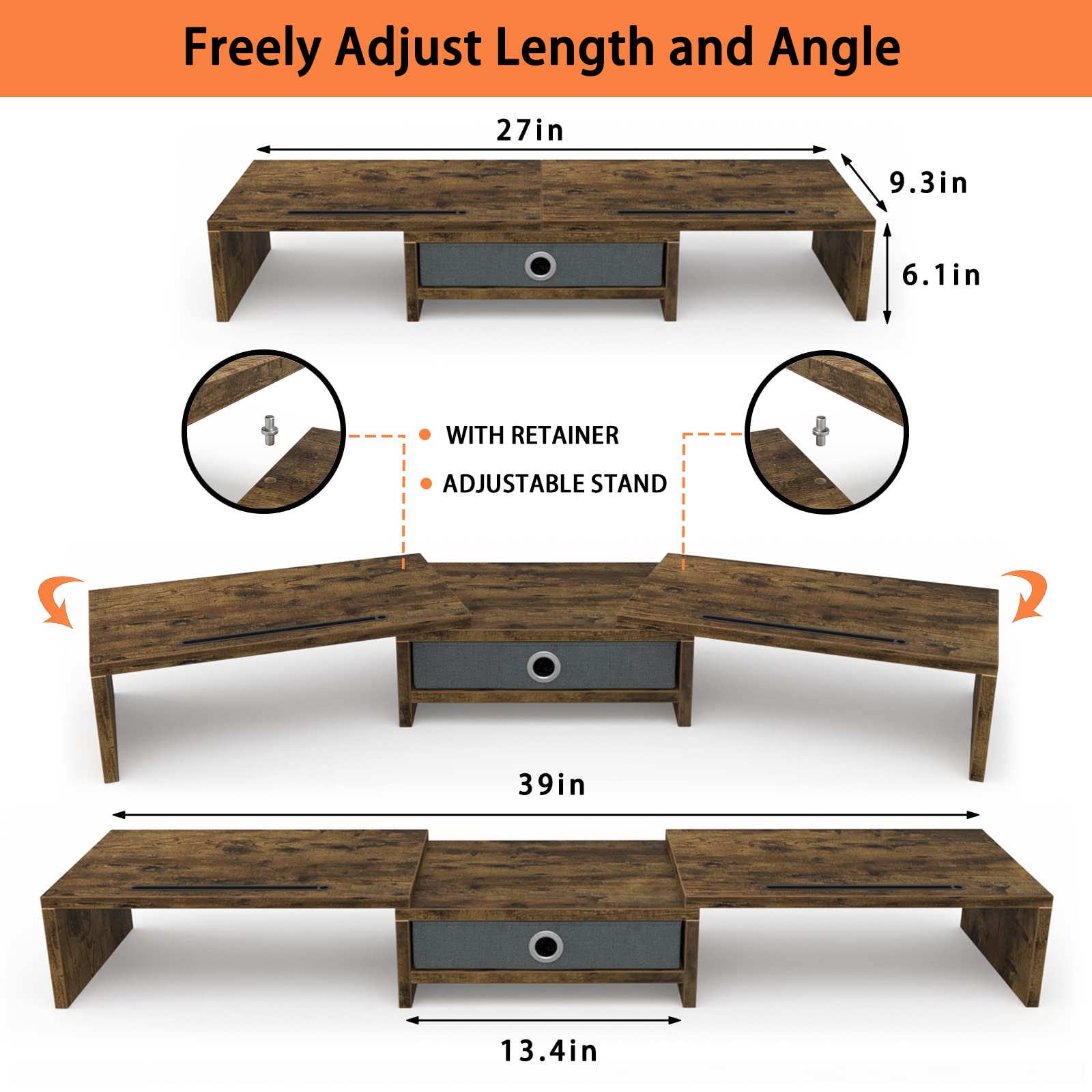 WESTREE Dual Monitor Stand Riser with Drawer, Monitor Stand Riser for 2 Monitors, Adjustable Length