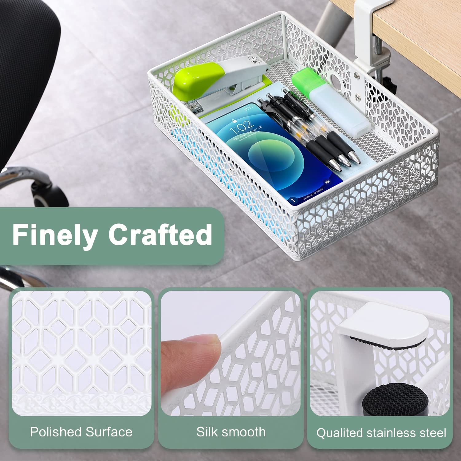 ROSYLINE Under Desk Storage Basket Hanging Drawer Tray, Clamp On Organizer