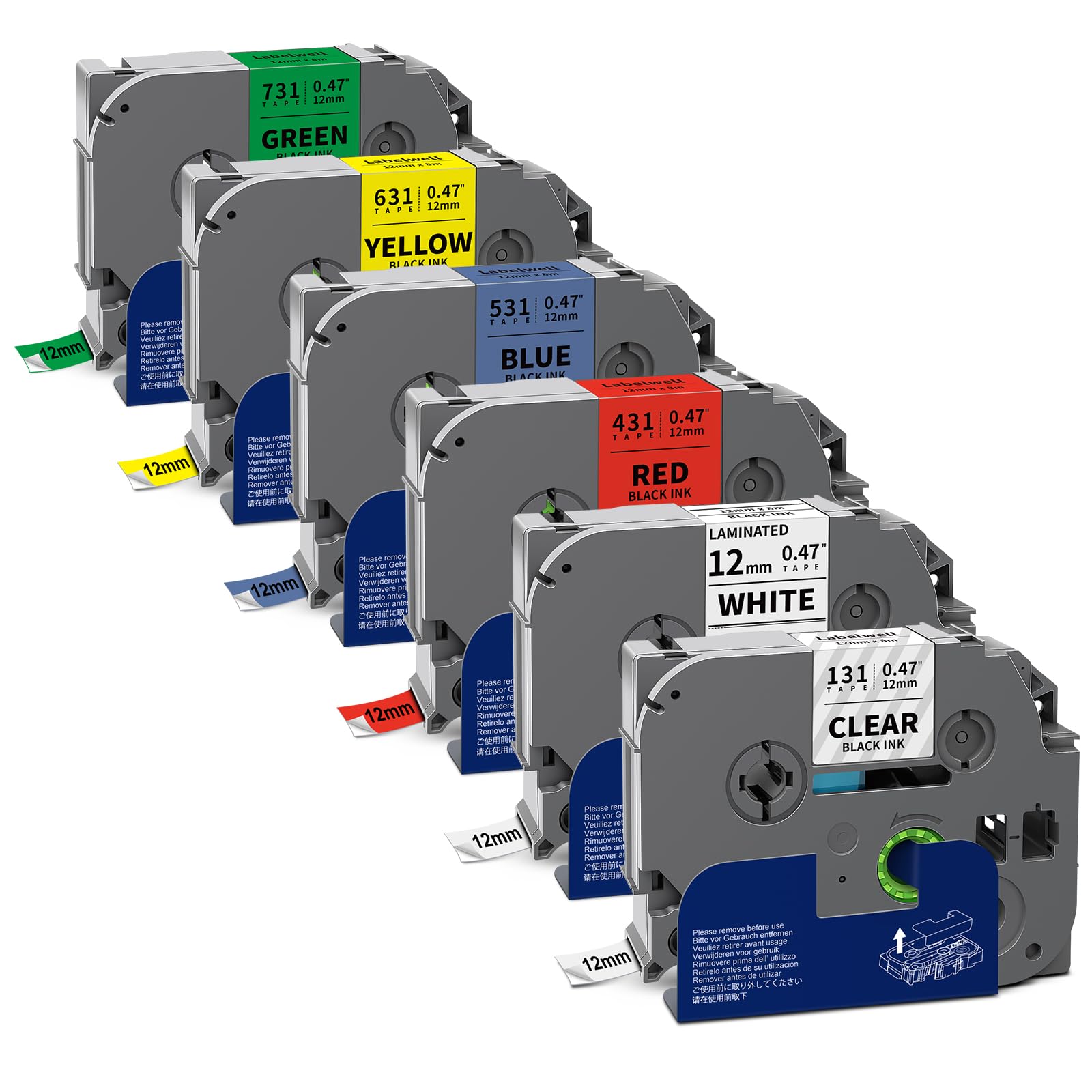 Labelwell 6-Pack TZe-231 TZ Tape 12mm 0.47 Laminated Multi Color 1/2"