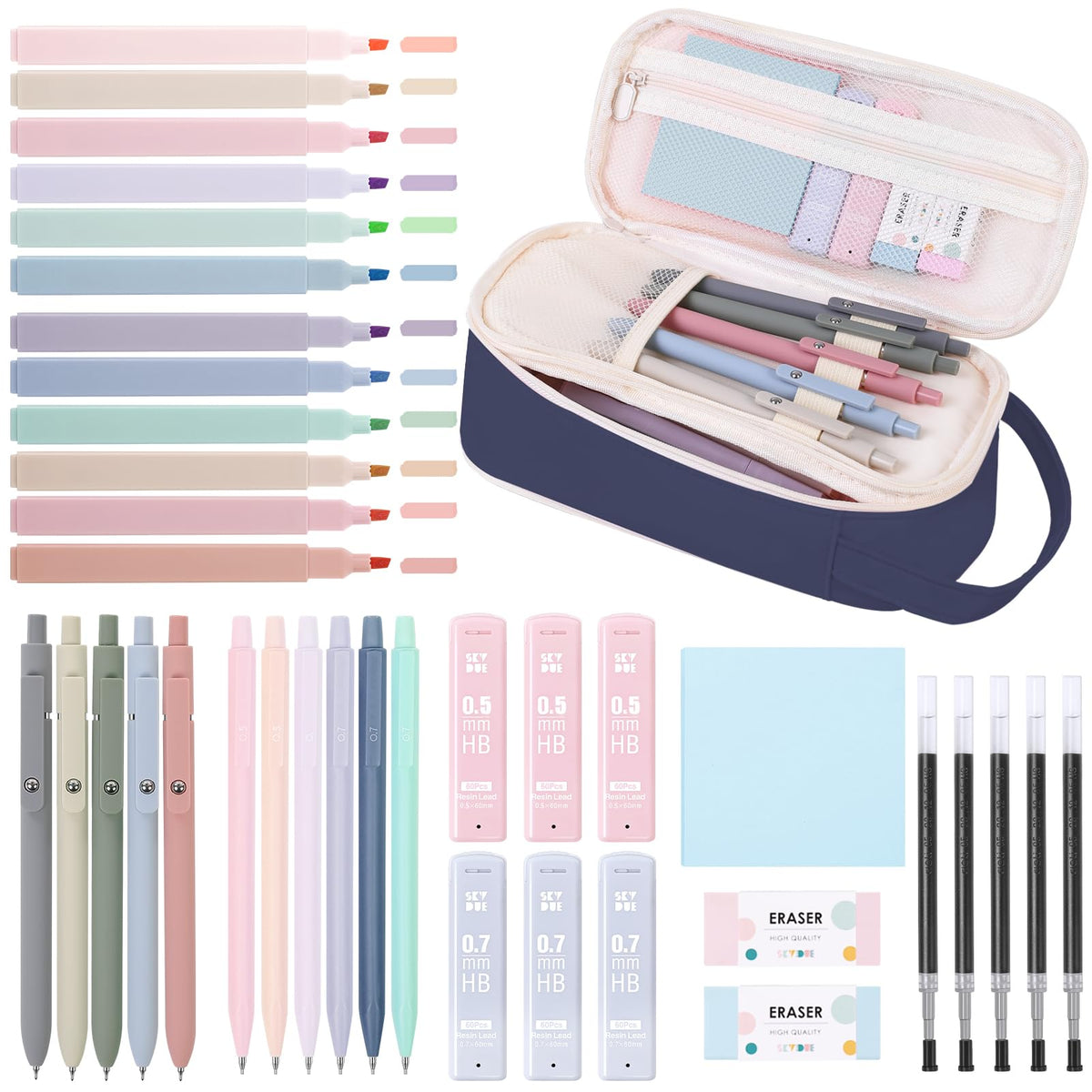SKYDUE Cute School Supplies Kit, 38 PCS Aesthetic Stationery Set with Large Pencil Case, Pens