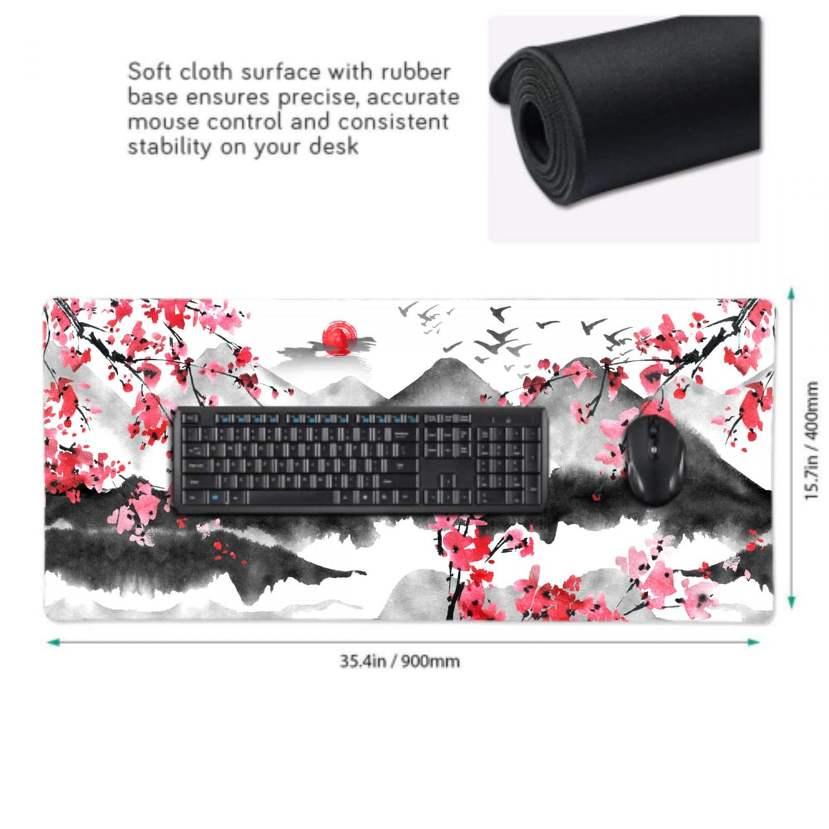 Japanese Cherry Blossom Mouse Pad 35.4 X 15.7 Inch XXL Full Desk Pink Watercolor Art Cool Design
