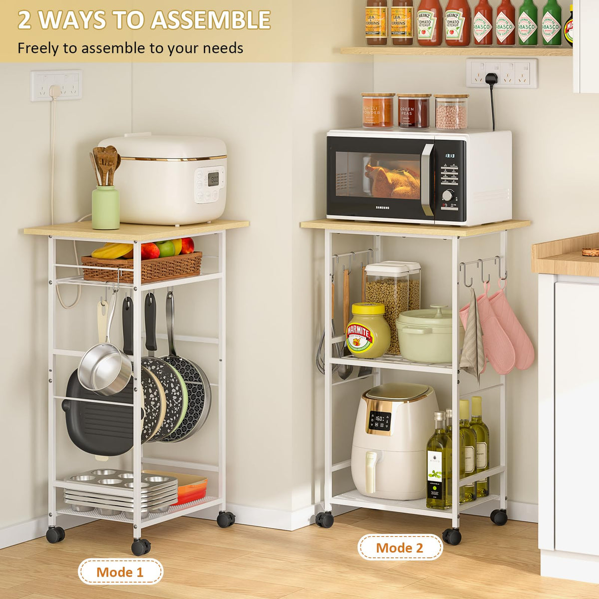 ThreeHio Rolling Kitchen Microwave Cart, 3 Tier Microwave Table Stand with Adjustable Shelf