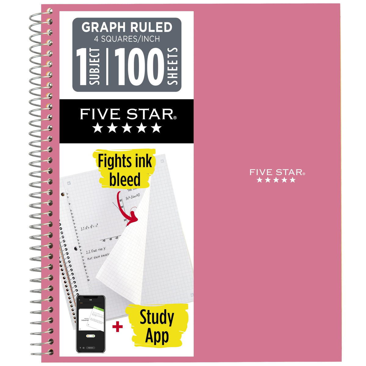 Five Star Spiral Notebook + Study App, 1 Subject, Graph Ruled Paper, 8-1/2" x 11", 100 Sheets, Prom