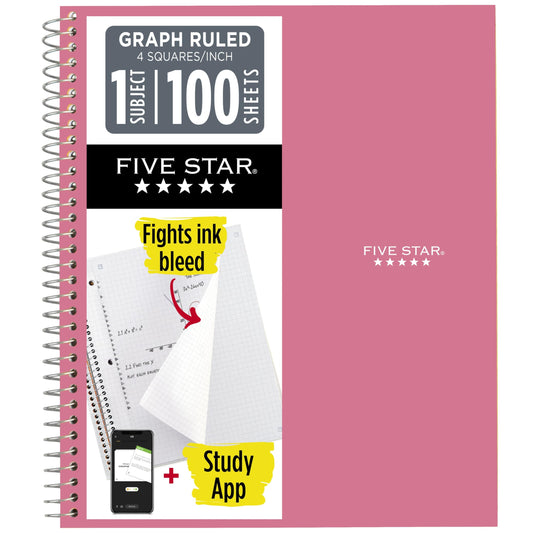 Five Star Spiral Notebook + Study App, 1 Subject, Graph Ruled Paper, 8-1/2" x 11", 100 Sheets, Prom