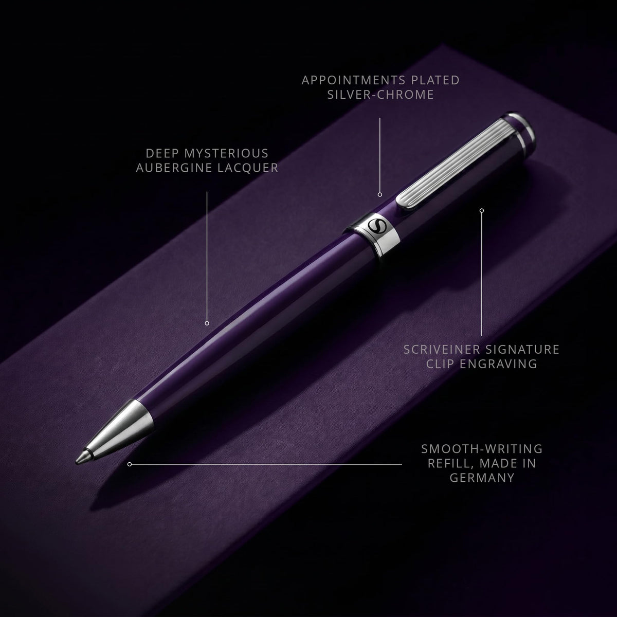 Scriveiner Aubergine Lacquer Ballpoint Pen - Stunning Luxury Pen, Schmidt Black Refill, Best Gift