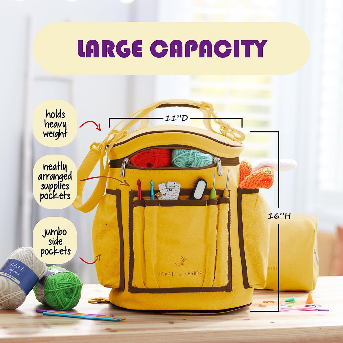 Hearth & Harbor Crochet Bag Organizer – Durable Knitting Bag, Yarn Organizer for Accessories and