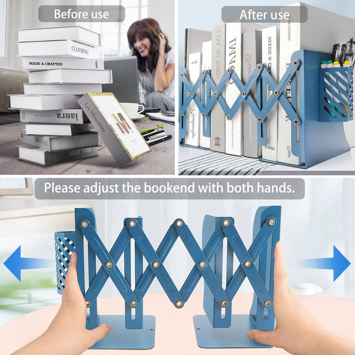Heavy Duty Book Ends to Hold Books with Pen Holder, Carooyac Adjustable Bookends, Metal Book Ends