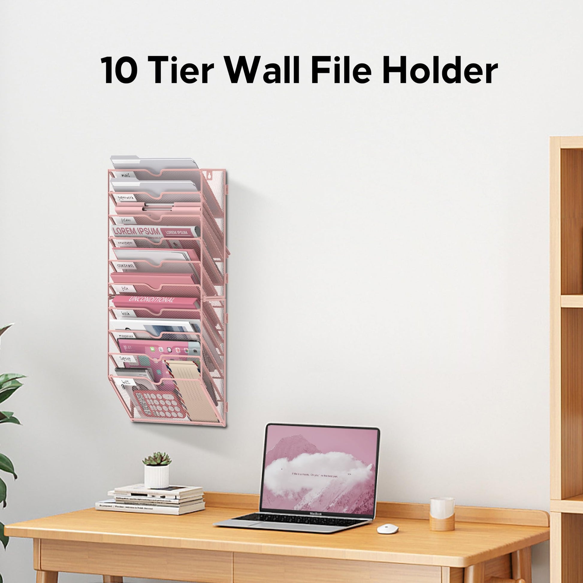 JMHUD 10-Tier Wall File Organizer and Hanging File Organizer, Pink