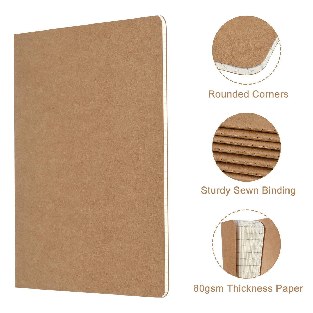 ZCZN 5 Pack A5 Kraft Notebooks Bulk, 8.15x5.5 Inches Graph Paper Journaling Notebooks, Notebooks