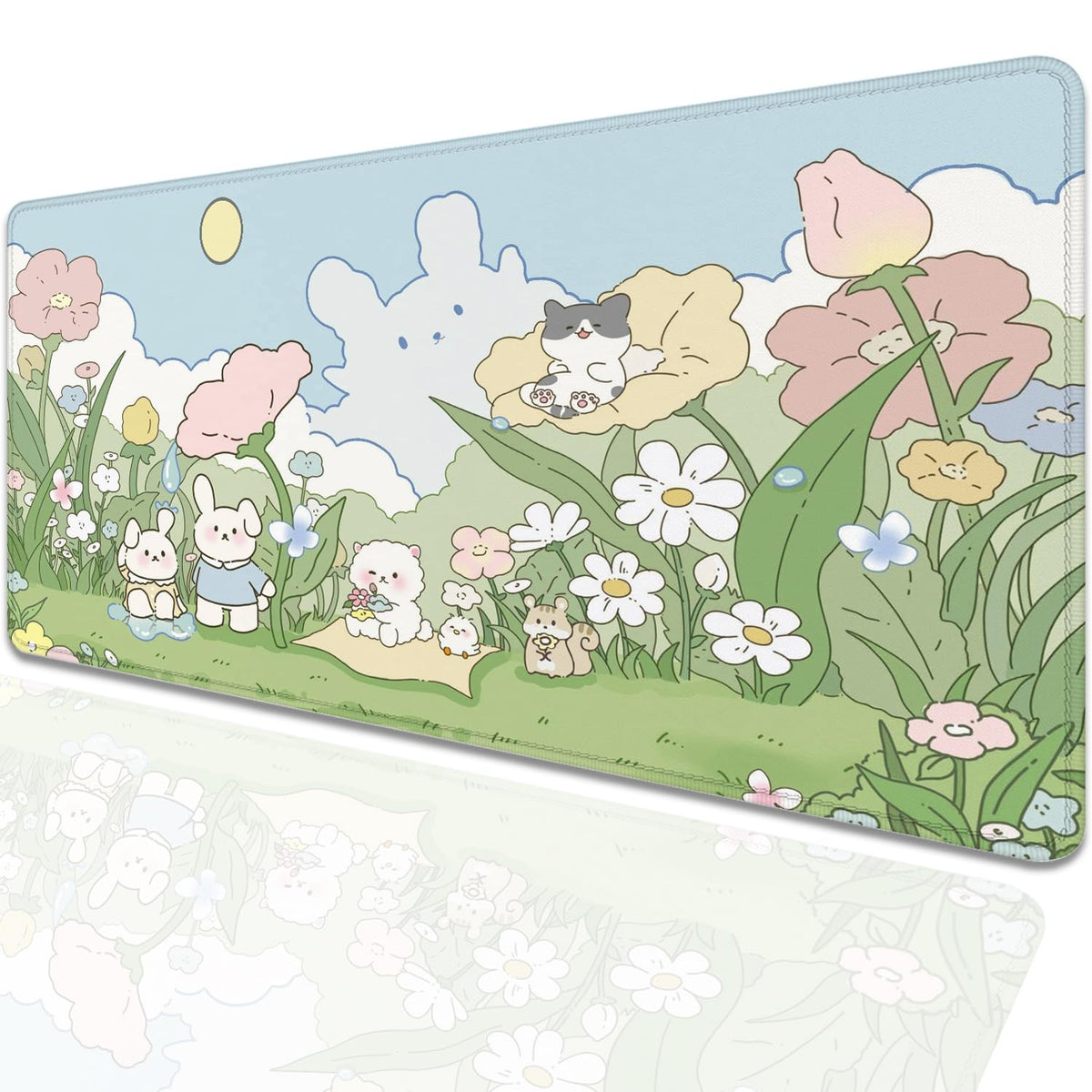 Cute Cartoon Bear Rabbit Cat and Flowers Extended Desk Pad Mouse Pad,Stitched Edges Non-Slip Rubber