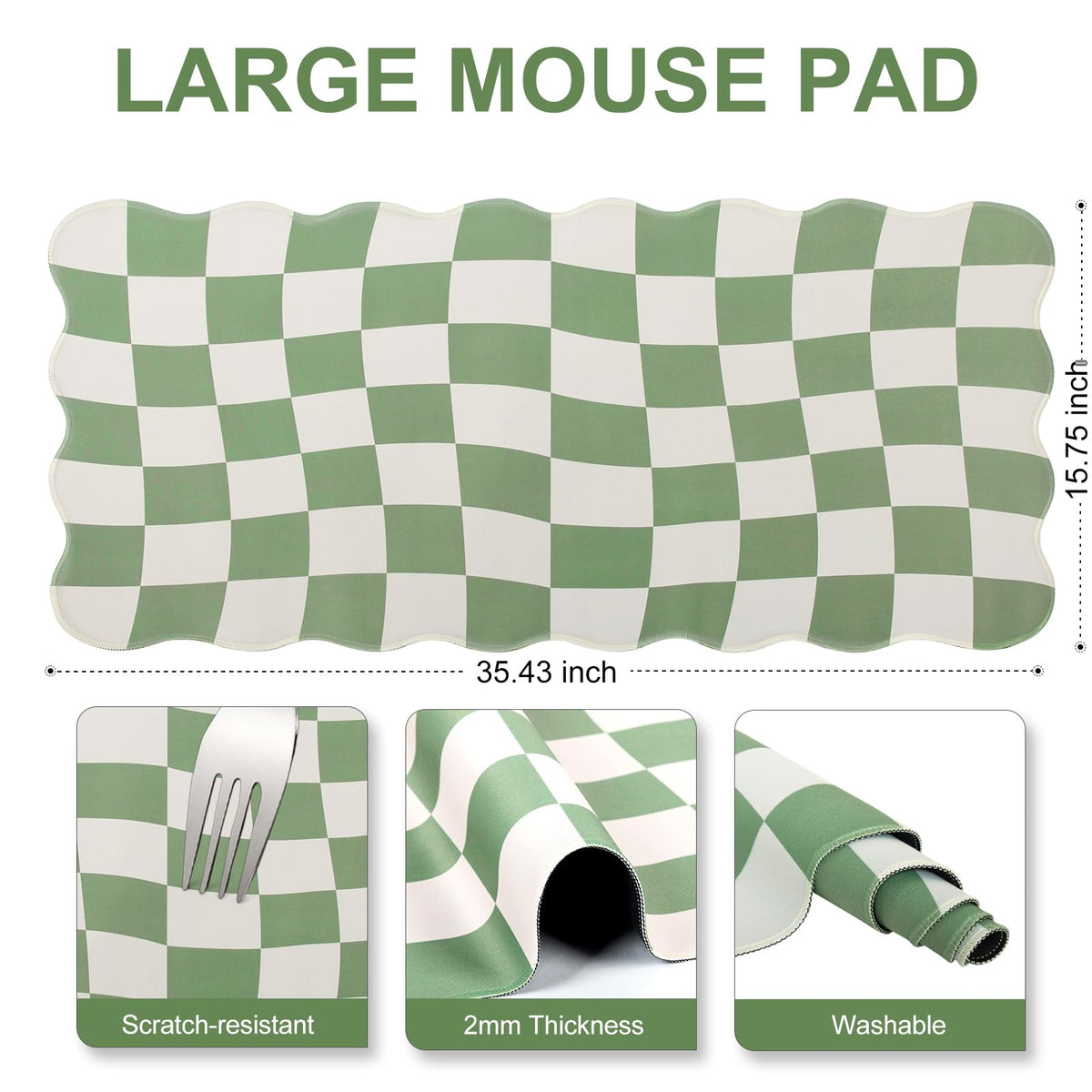 L-SPOUTTO Green Mouse Pad,Geometric Desk Mat XXL Large Scalloped Gaming Mousepad,35.4x15.7in