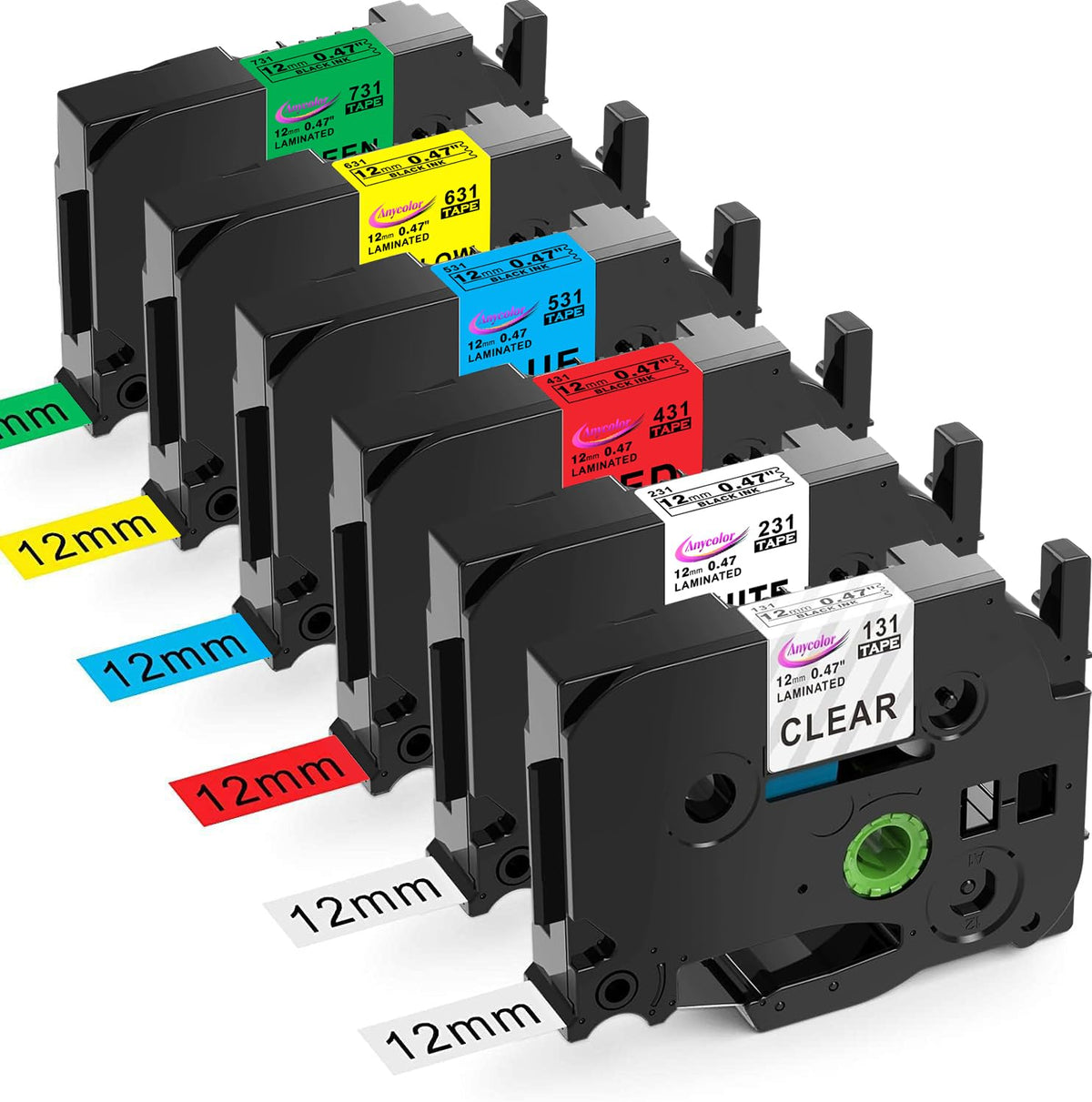 Anycolor 6-Pack Compatible with Brother P Touch TZe TZ Label Tape 12mm 0.47