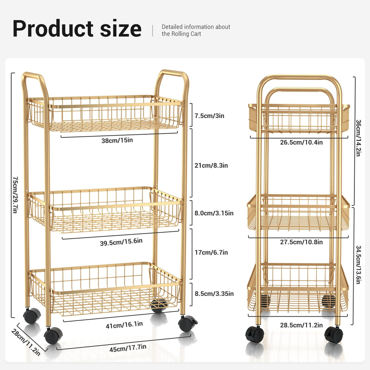 MNOPQ 3 Tier Rolling Utility Cart, Storage Trolley Service Cart with Wheels Easy Assembly for