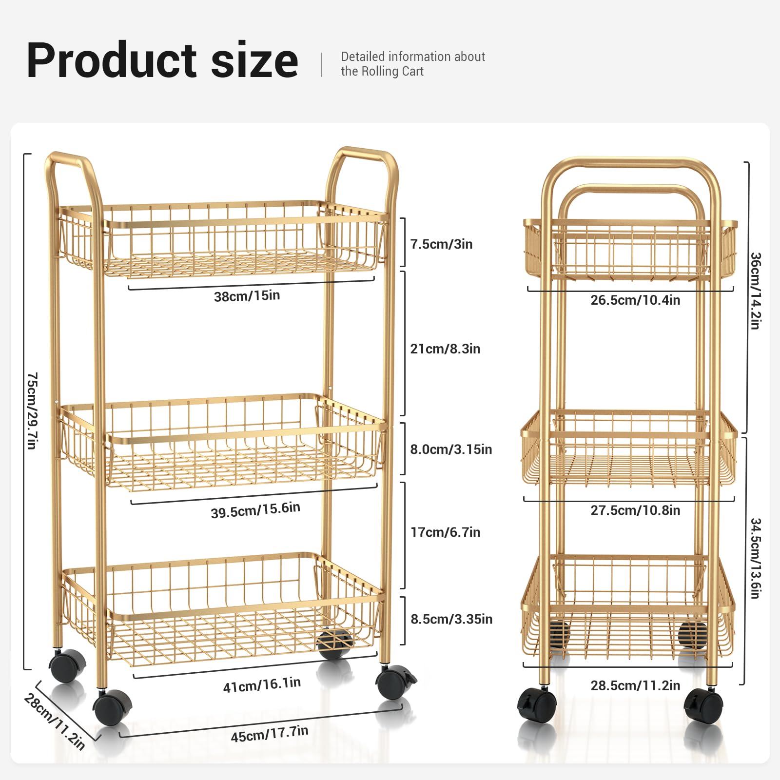 MNOPQ 3 Tier Rolling Utility Cart, Storage Trolley Service Cart with Wheels Easy Assembly for