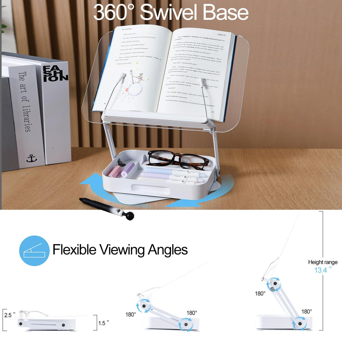 ZOEY Acrylic Book Stand for Reading Adjustable Book Holder with 360 Rotating Base and Storage