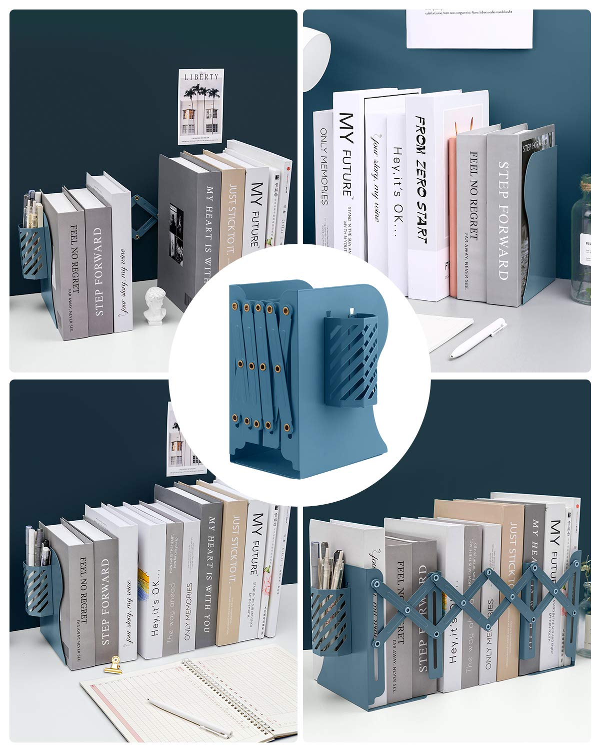 MSDADA Adjustable Bookends, Book Ends for Heavy Books, Expandable Book Organizer with Pen Holder