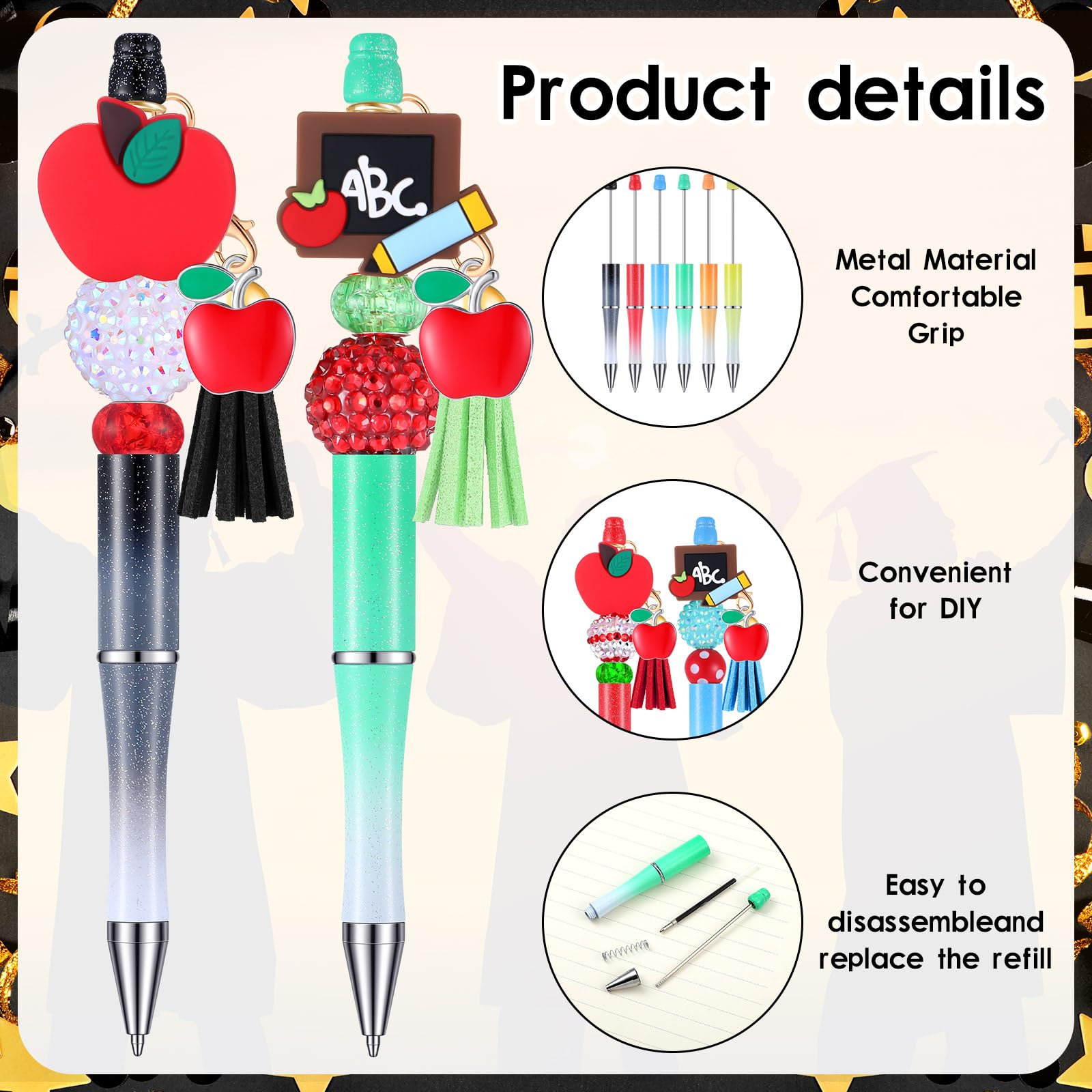 Jutom 12 Pcs Teacher Beadable Pens with 50 Colorful Beads 12 Tassels 12 Pendants Silicone Focal
