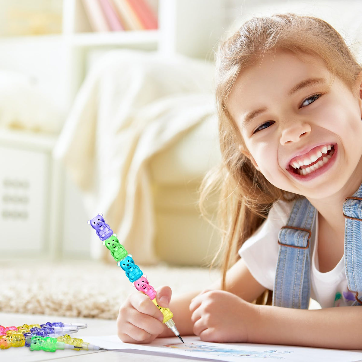 Boao 72 Pcs Bear Stackable Pencils for Kids 5-in-1 Plastic Stackable Pencil