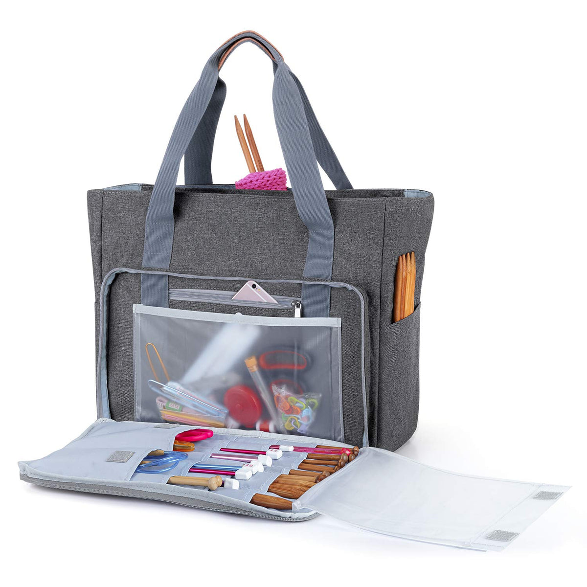 Teamoy Knitting Bag Tote, Yarn Storage Bag Crochet Organizer, Gray