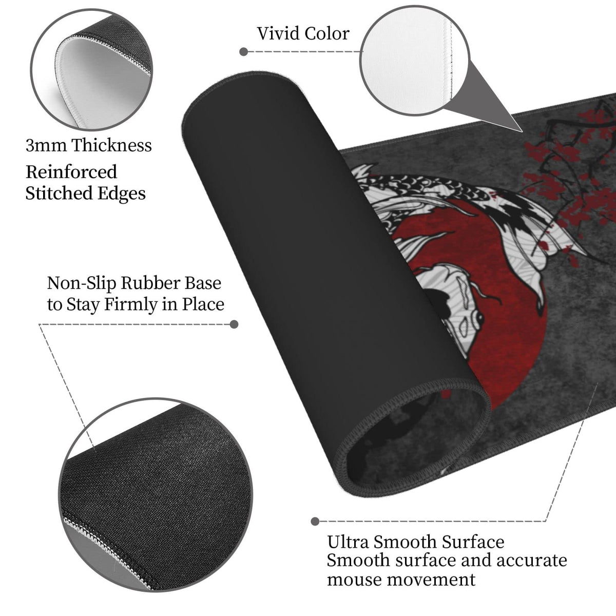 Japanese Koi Fish Ying Yang Black Red XXL XL Large Gaming Mouse Pad for Desk, Non-Slip Long