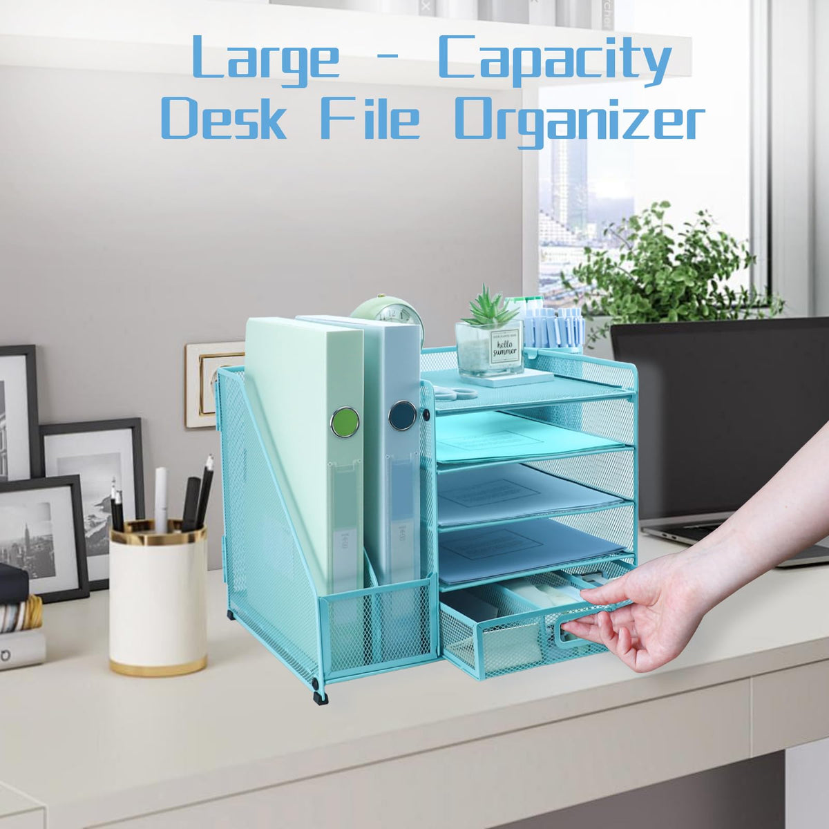 ideallife Desk Organiser with 2 Pack Magazine File Holder, 5-Tier Paper Tray Organiser with Drawer