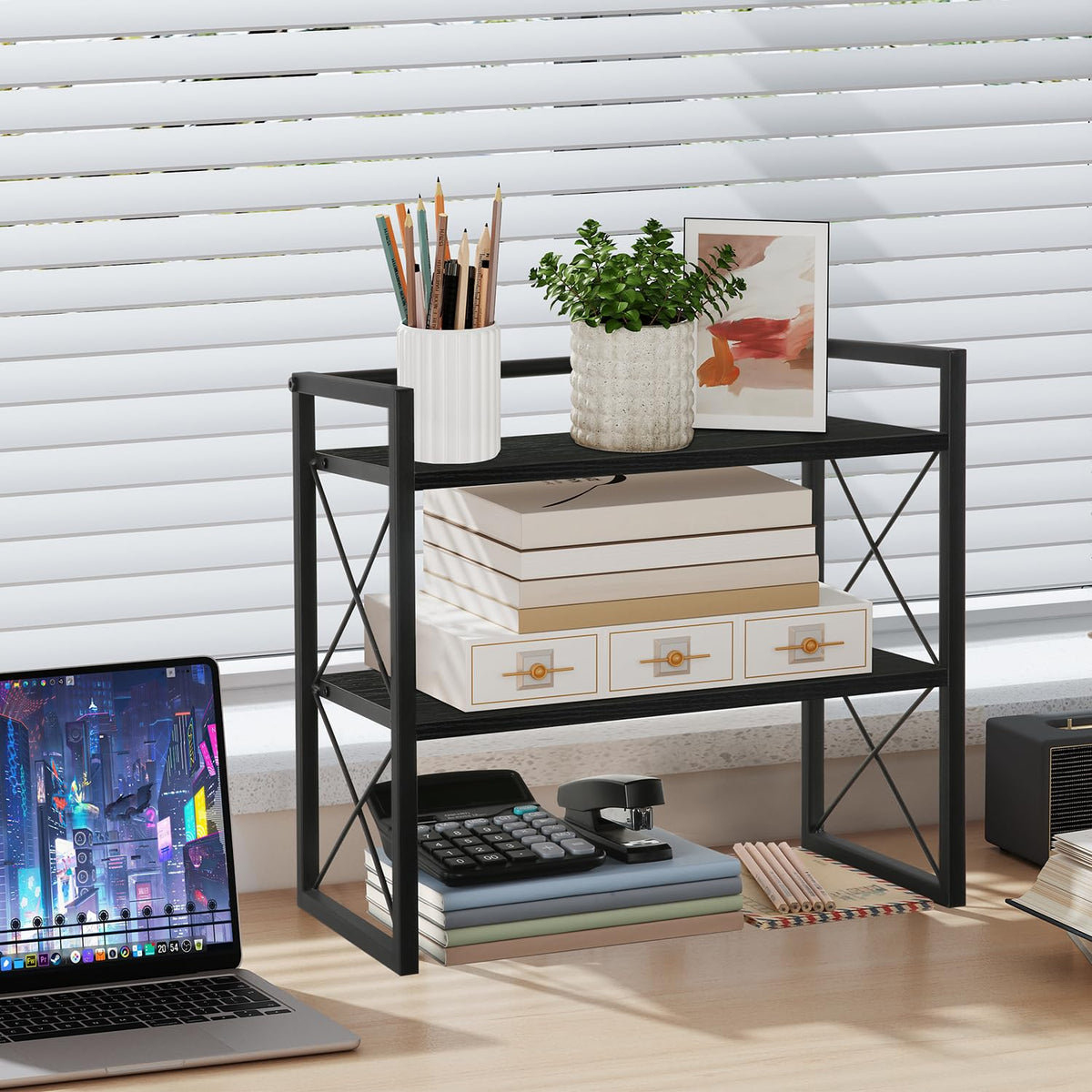 YINMIT Desktop Shelf Organizer, 2 Tier Office Shelves, Wood Desk Organizer Storage Rack and