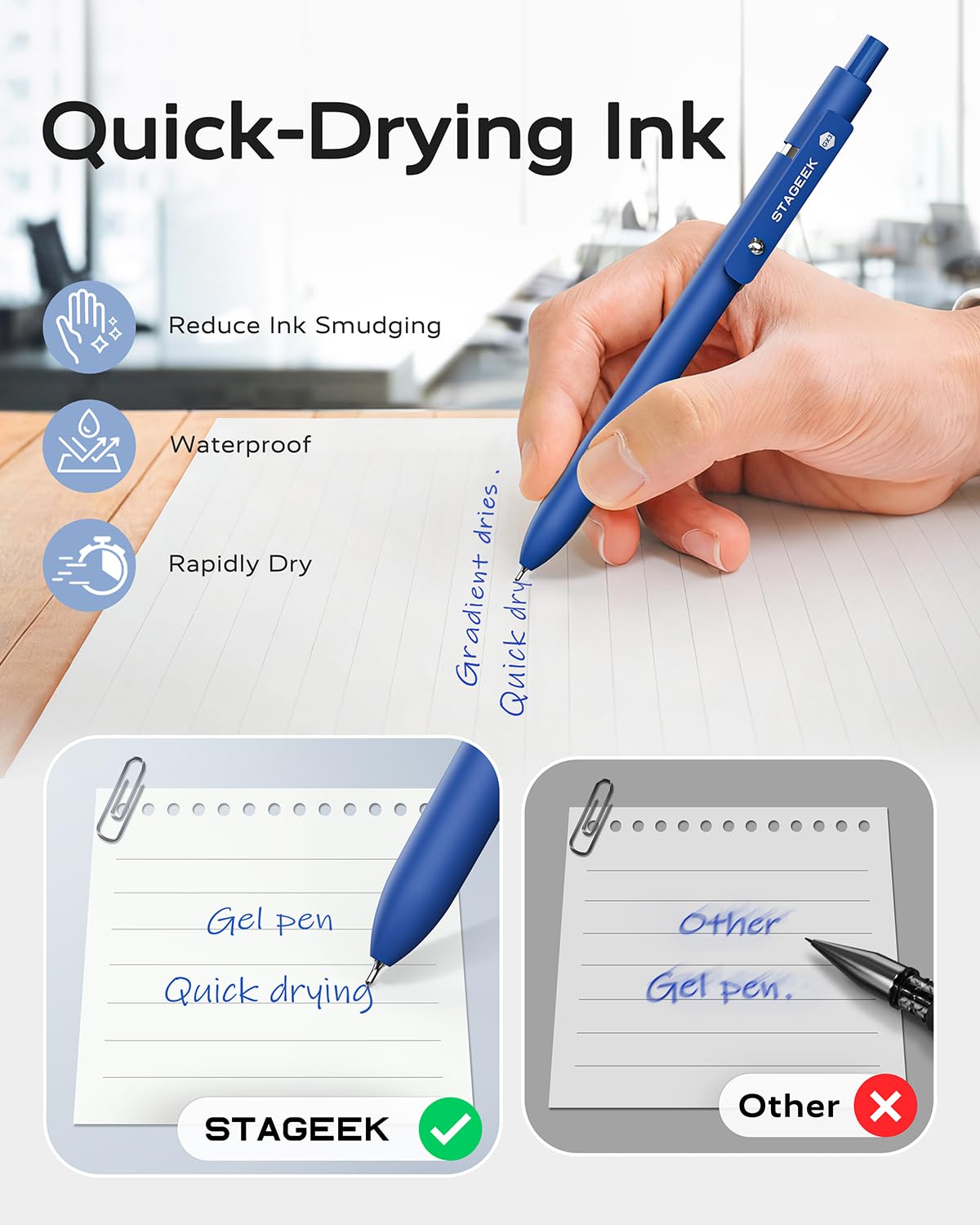STAGEEK 12 Pcs GX3 Blue Gel Pens, Quick Dry Smooth Writing, with 3 Refills