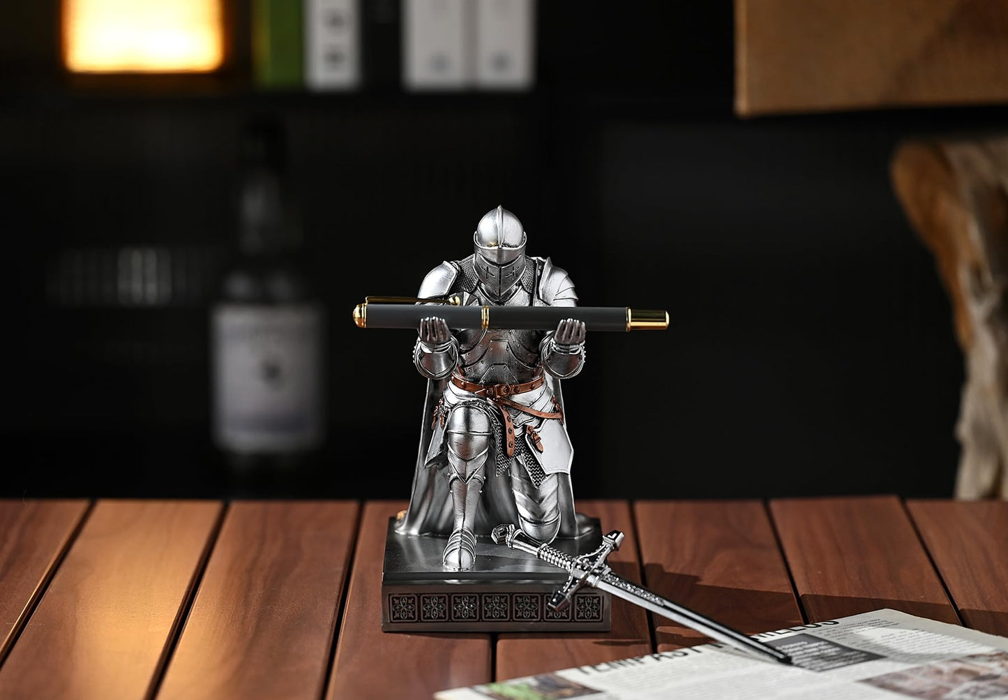 Medieval Armored Knight Pen Holder Figurine Paperweight Phone Stand Silver