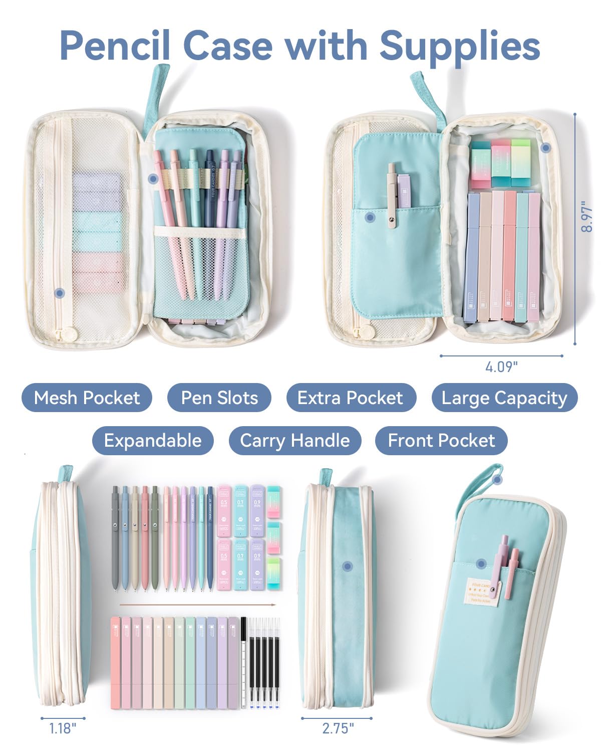 Four Candies School Supplies with Cute Pencil Case, 39ct, Blue