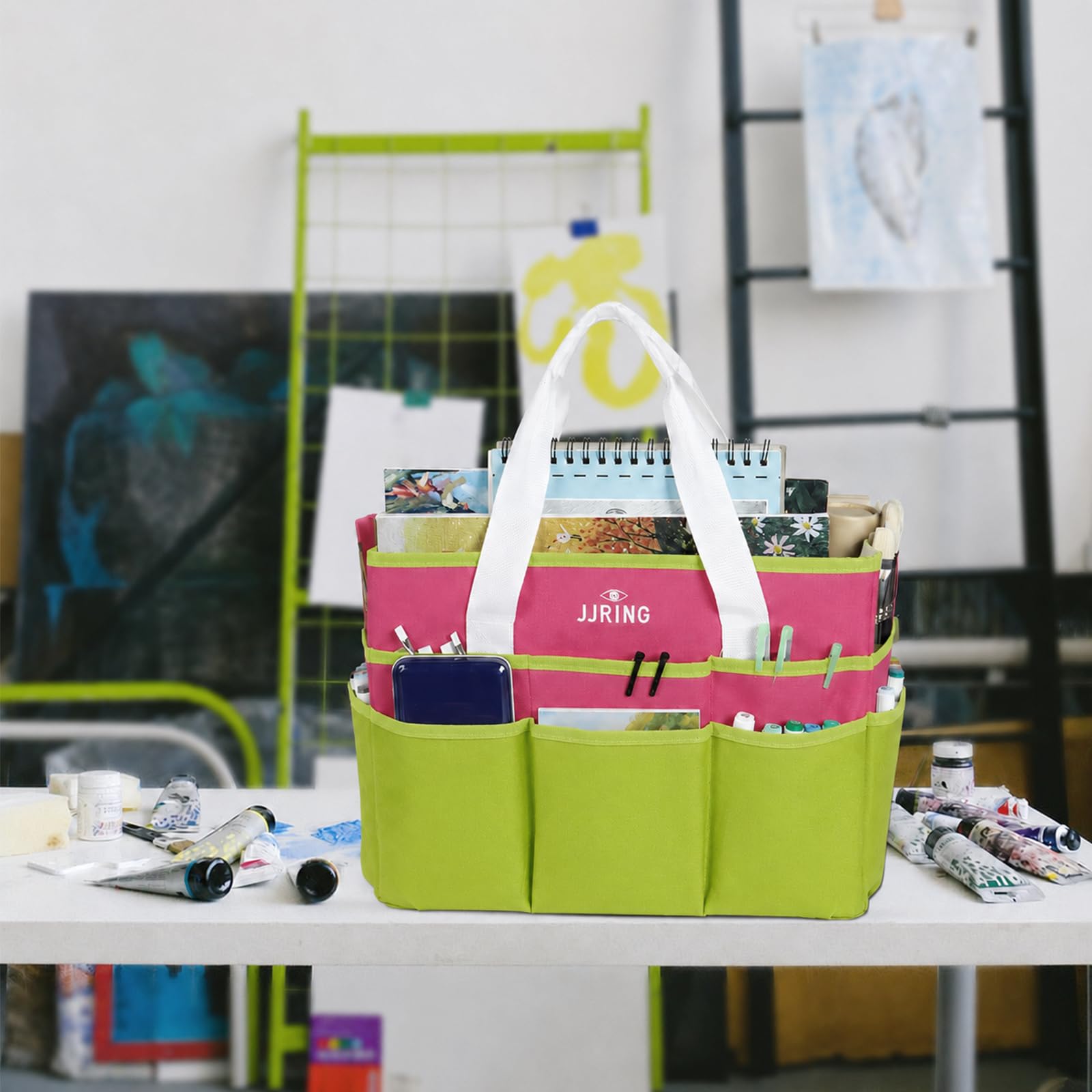 JJRING Craft Organizer Tote Bag Large Art Storage Caddy Bright Green&Red