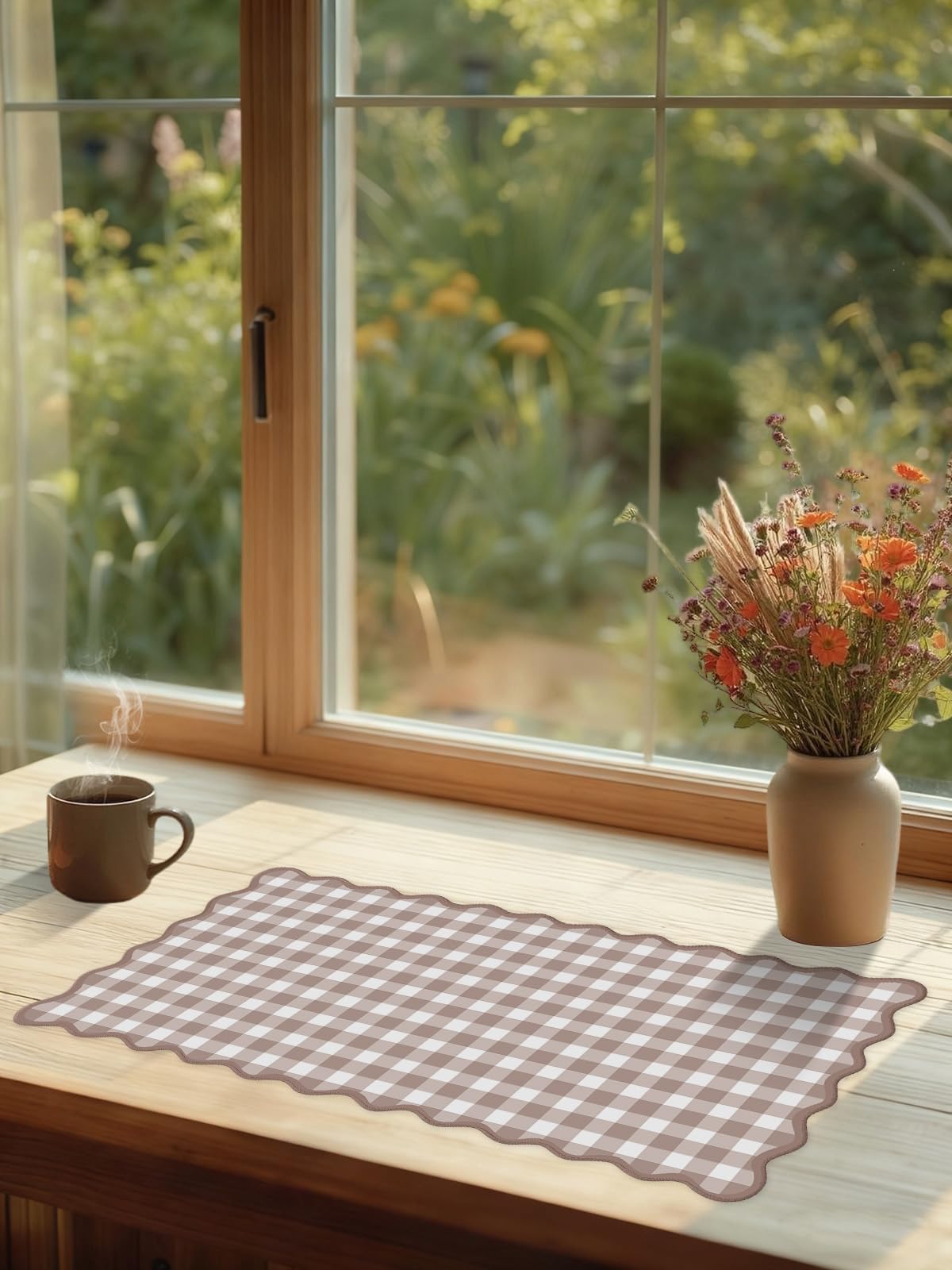 ohisxiacy Scalloped‌ Checkered Desk Mat Cute Brown Gingham XXL Large Gaming Mouse Pad Farmhouse
