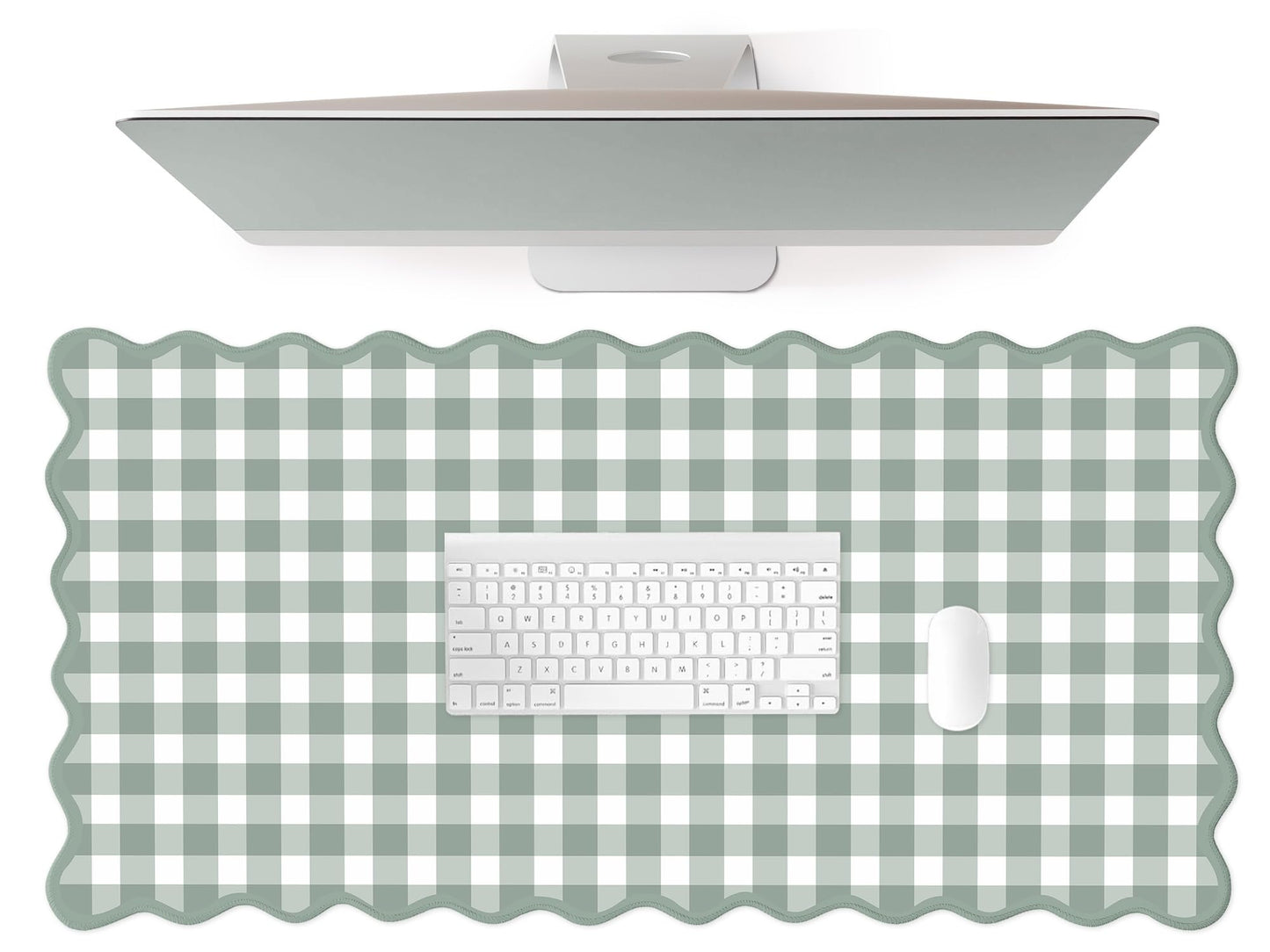 Scalloped‌ Sage Green Checkered Desk Mat Cute Pastel Large Gaming Mouse Pad Gingham Kawaii