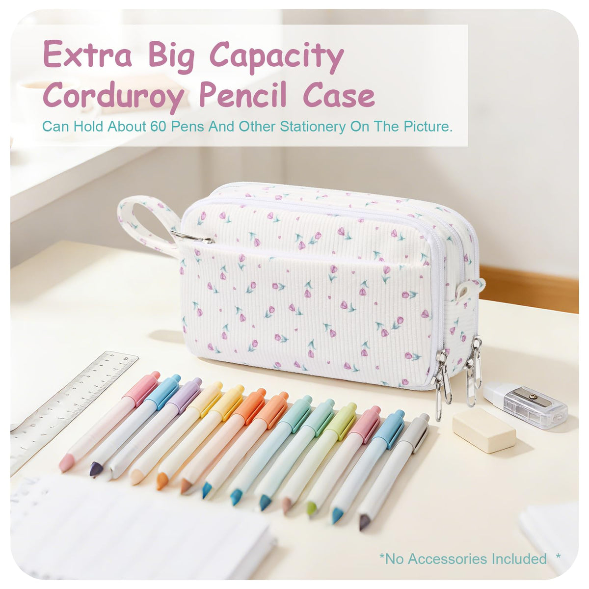 BuyCard Big Capacity Pencil Case, Corduroy Fabric, White with Purple Floral Pattern, Pencil Bag