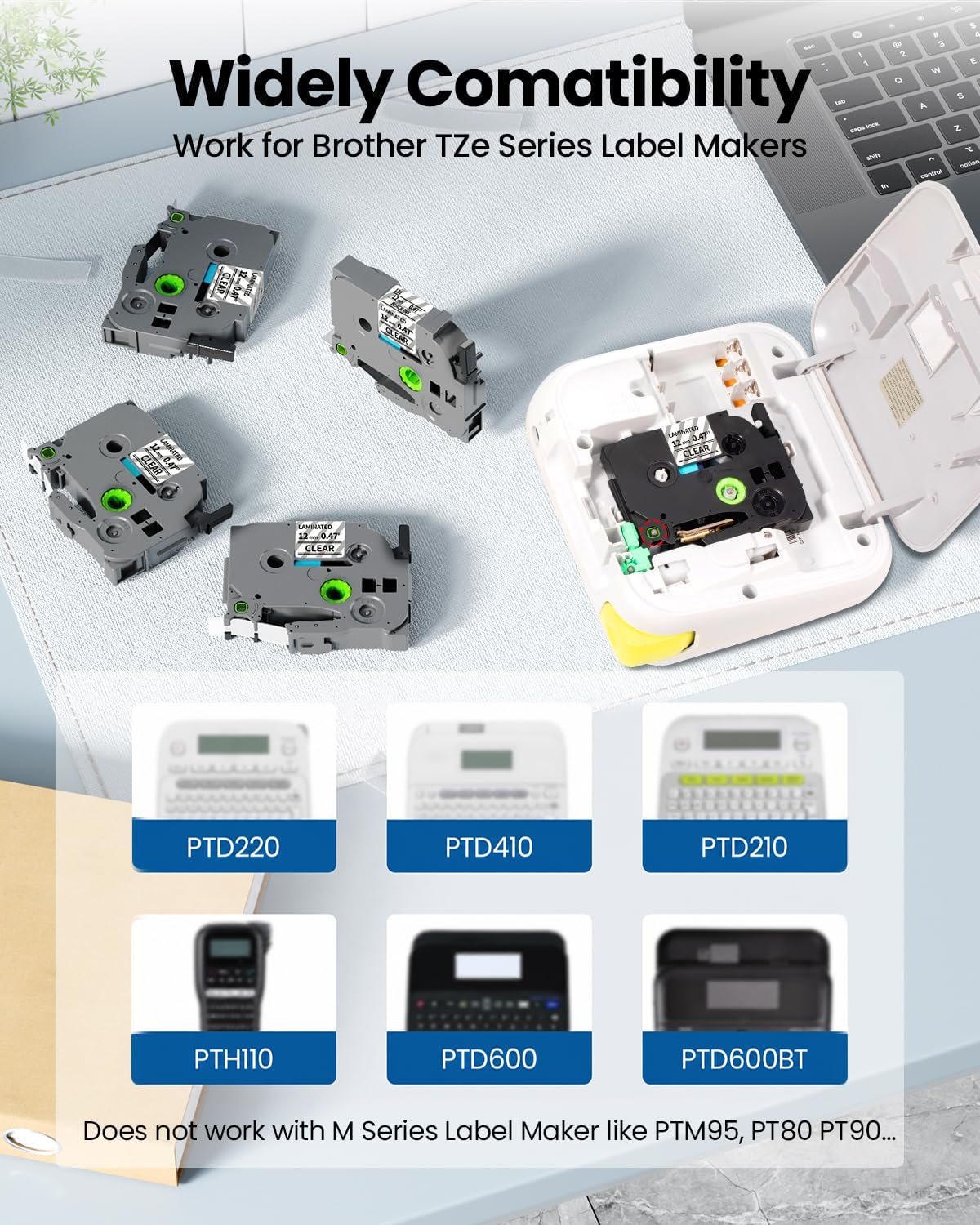 TZe TZ Tape 12mm 0.47 Laminated Clear Compatible with Brother P-Touch