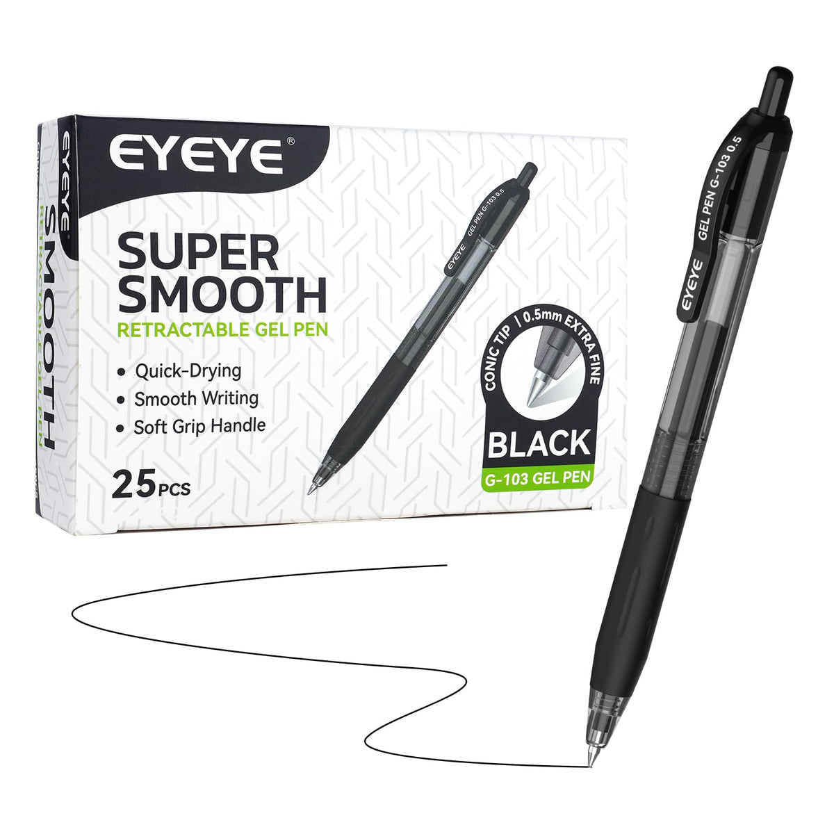 EYEYE G-103 Retractable Gel Pens Black 0.5mm, 25 Pack Extra Fine Point Gel Ink Pens Quick Drying