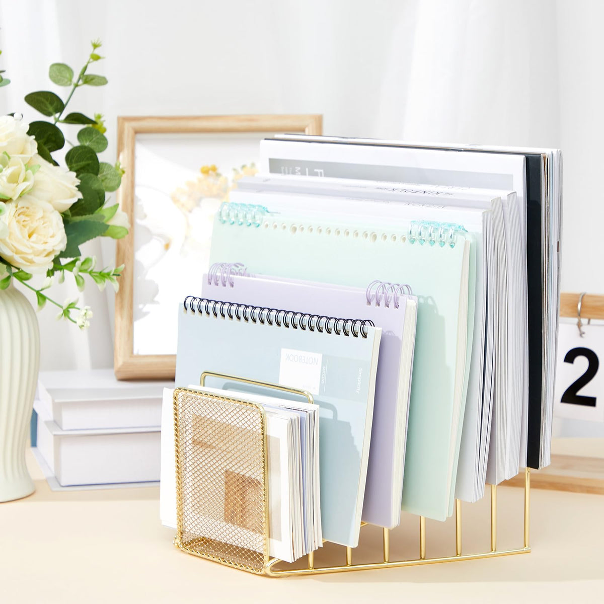 Chivertion 2 Pcs 2 Pcs Wire File Sorter Desk 7 Section Organizer, Golden