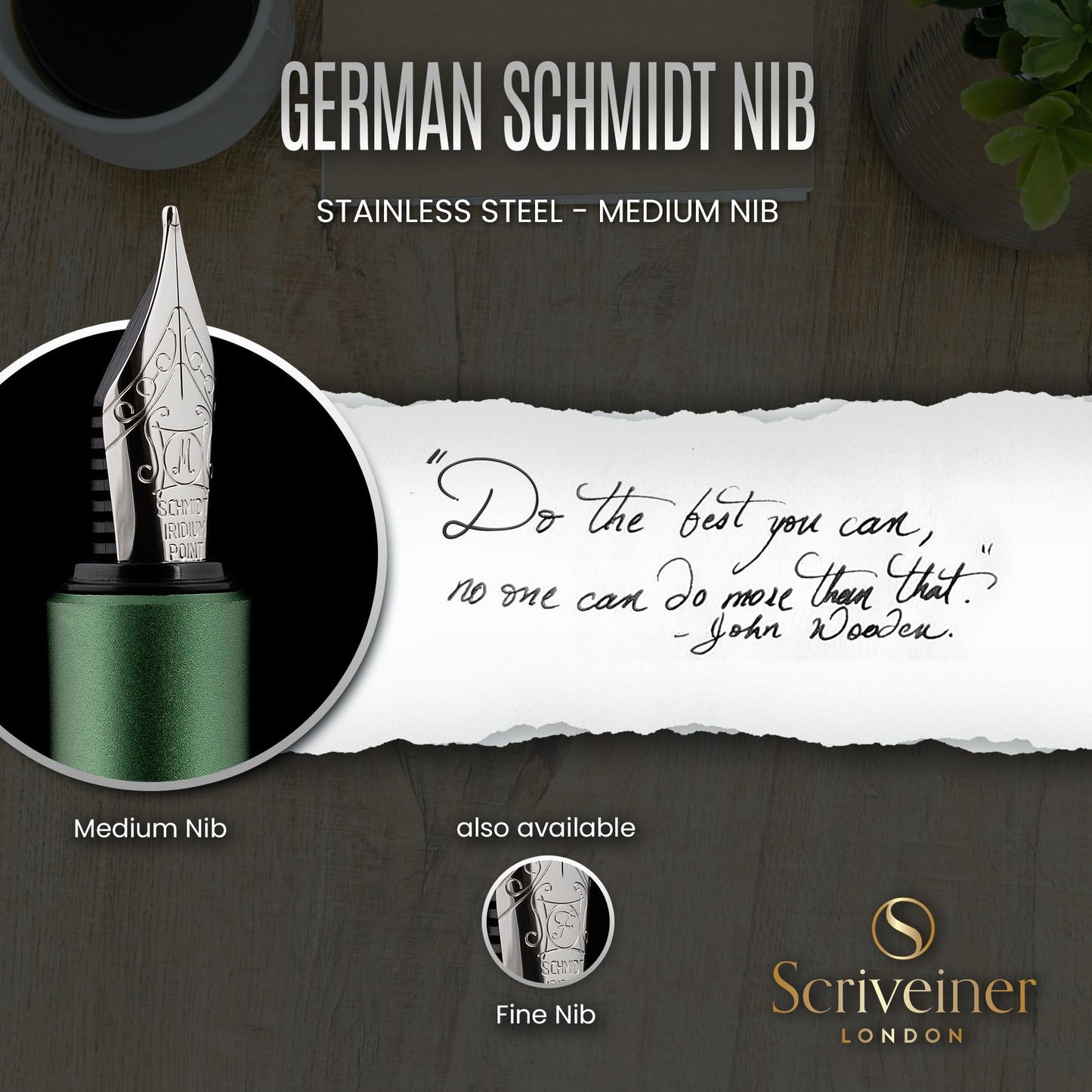 Scriveiner Luxury EDC Fountain Pen (Medium), Stunning Matt Green Pocket Pen, Chrome Finish, Schmidt