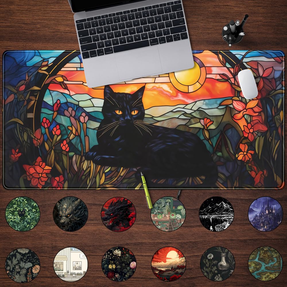 Mechanical Cattle Black Cat Desk Mat Vintage Sunset XXL Large Mouse Pad Laptop Desk Mousepad with