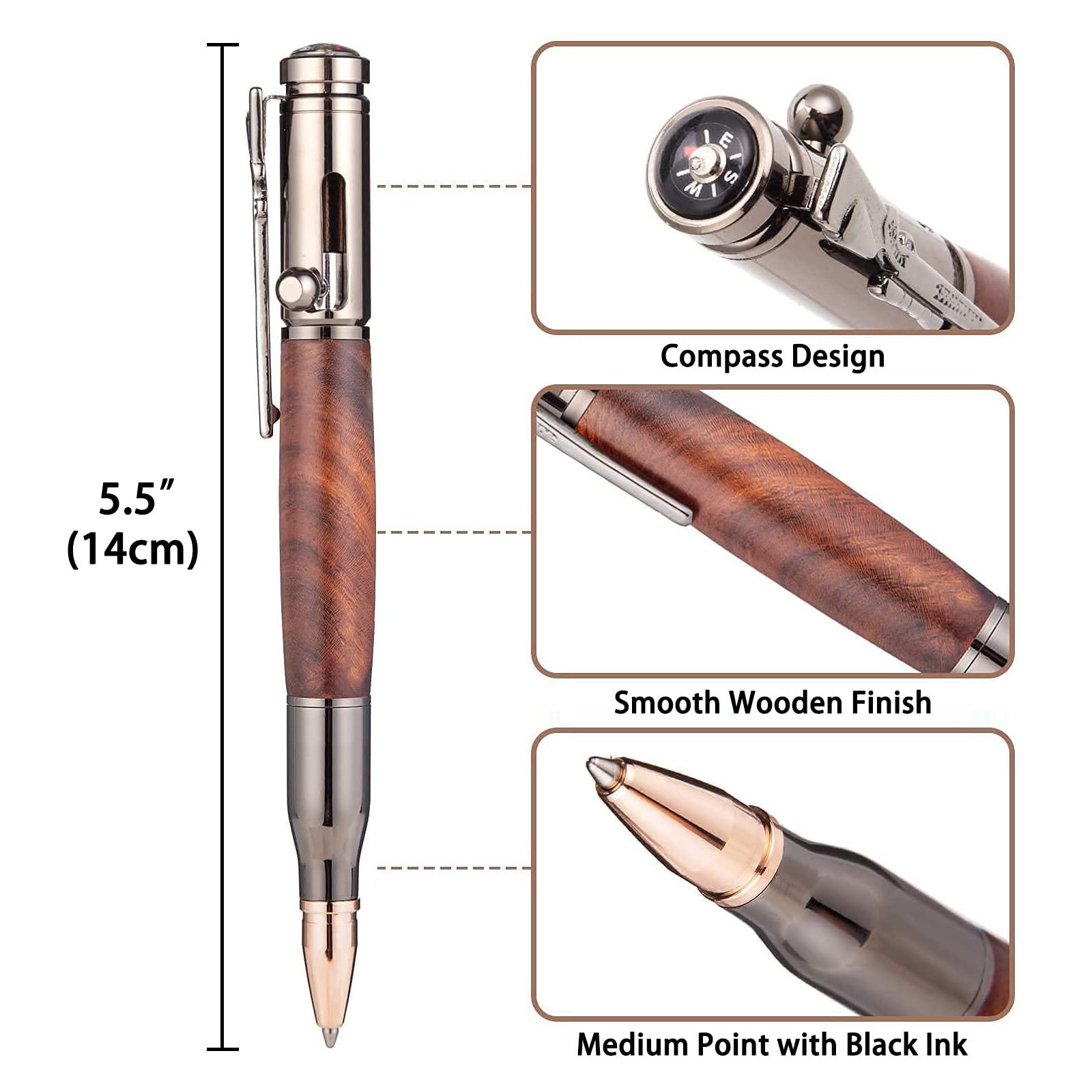 SHALORY Bolt Action Pen Ballpoint Pen with Compass &Rifle Clip & Extra Refills & Office Decor Gift