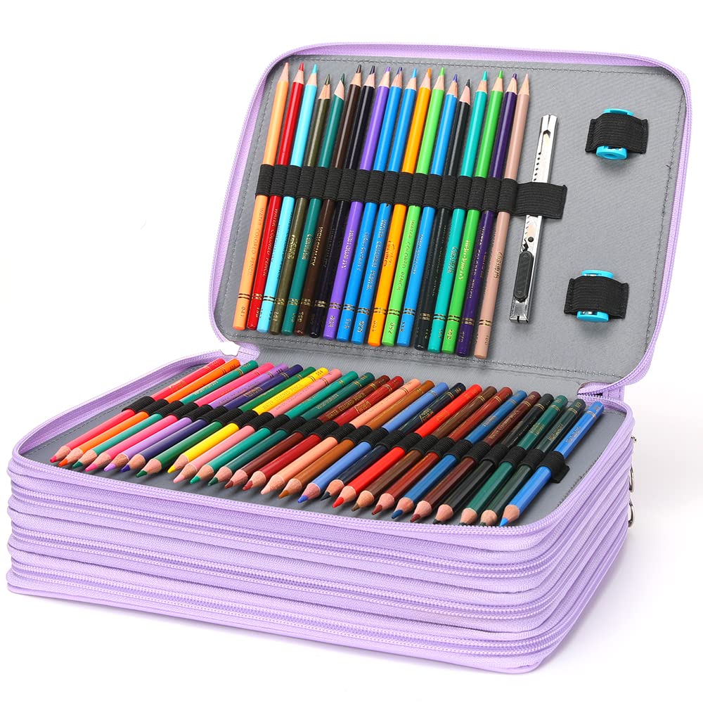 Vomgomfom 200 Slots Pencil Case 4-Layer PU Leather, Handle, Purple