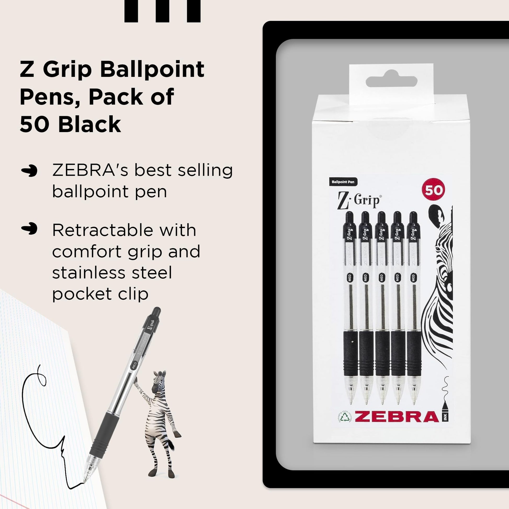ZEBRA Z GRIP Black Ballpoint Pens, Retractable with smooth ink, comfortable grip and pocket clip