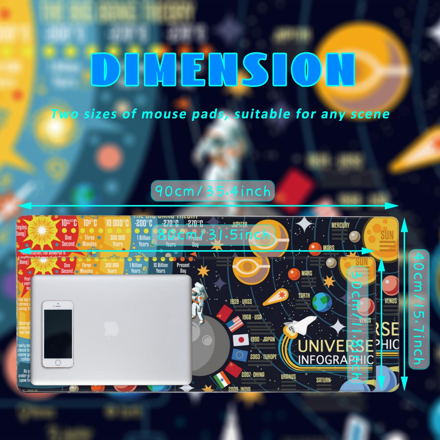 Desk Mat, 3D Solar System Galaxy Infographic Extended Gaming Mouse Pad Large, 31.5"x11.8" Big Mouse