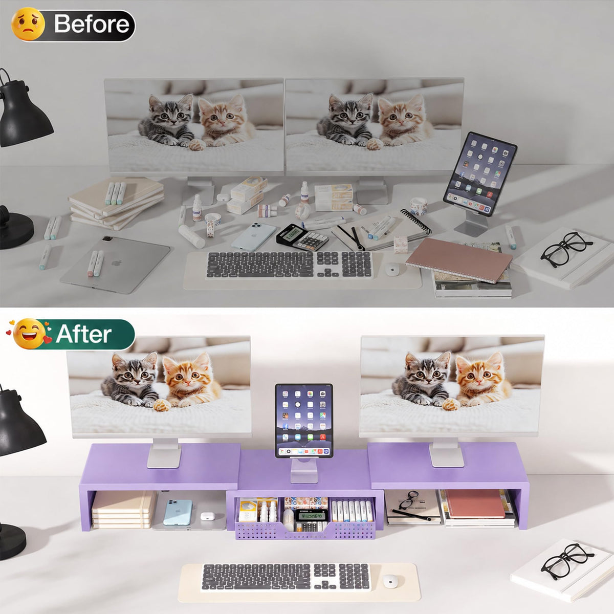OPNICE Dual Computer Monitor Stand Riser, Desk Organizer with Drawer, Office Desk Accessories &