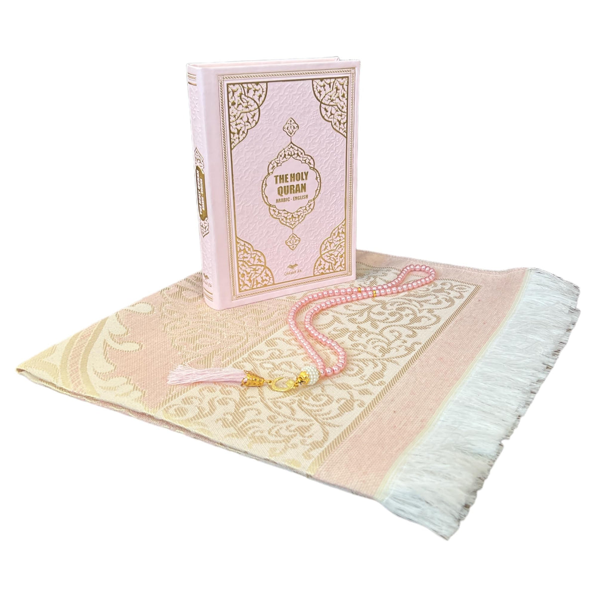 English Translate Thermo Leather Covered Quran, Tafta Prayer Mat and Beads Set |Quran