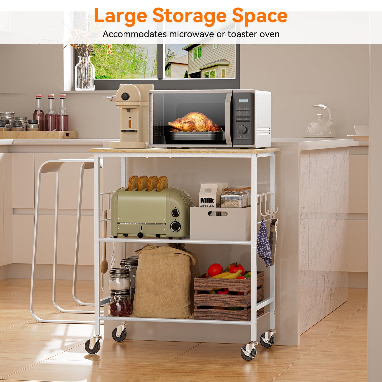 NTE Rolling Kitchen Microwave Cart, 3 Tier Microwave Stand with Storage, Small Kitchen Island on