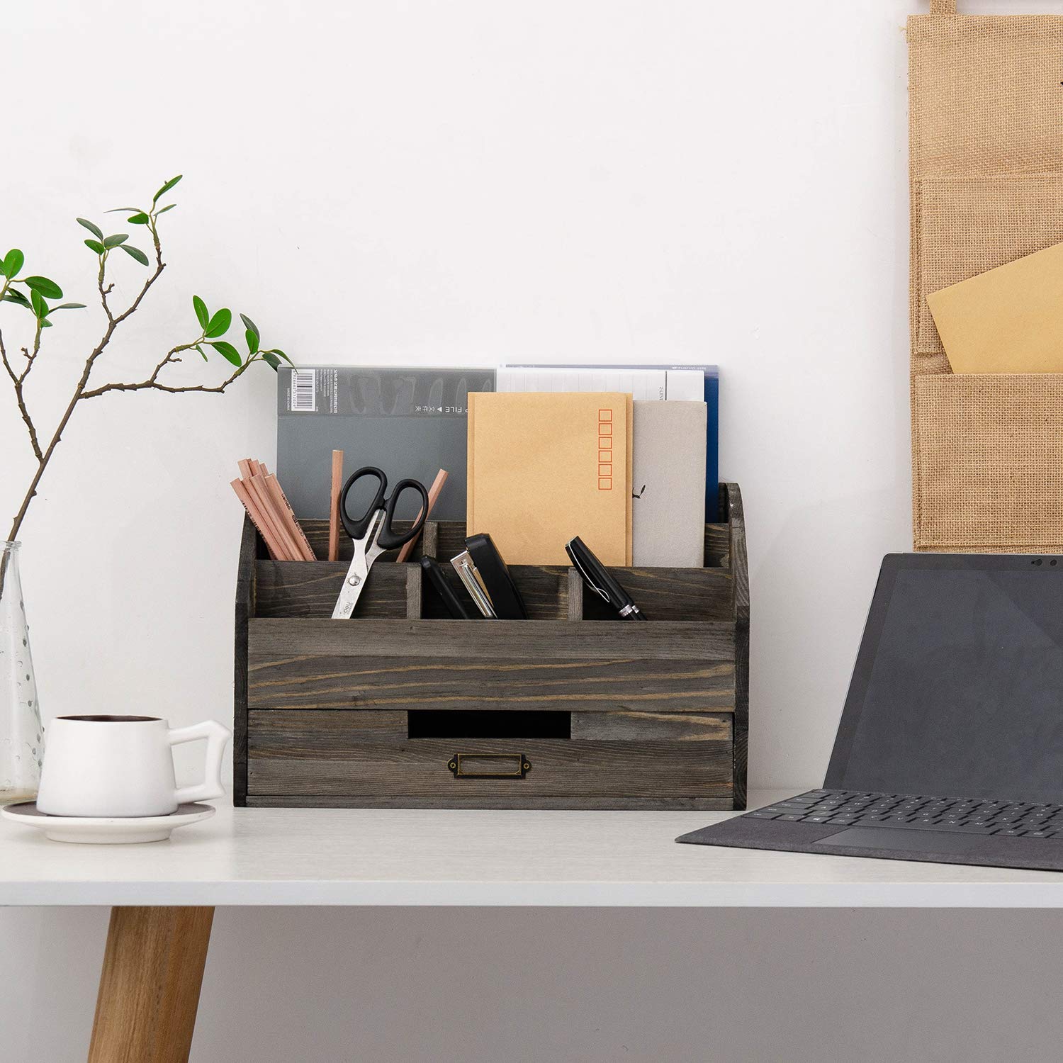 canwedance Distressed Rustic Wooden Office Desk Organizer 5 Compartment with 2 Drawer &Counter Desk