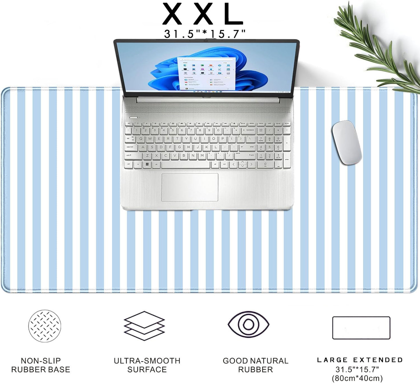 Nasdalgias Blue Striped Desk Mat Cute Pastel Large Mouse Pad Kawaii Aesthetic Extended Mat for Home