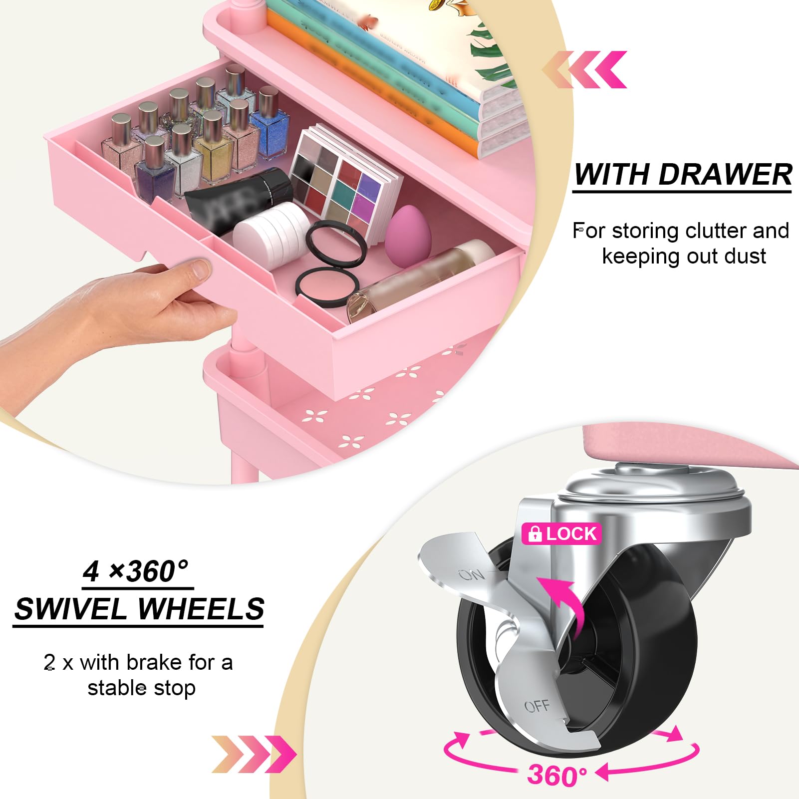 Goovilla 4 Tier Rolling Utility Cart Organizer with Removable Drawer, Pink