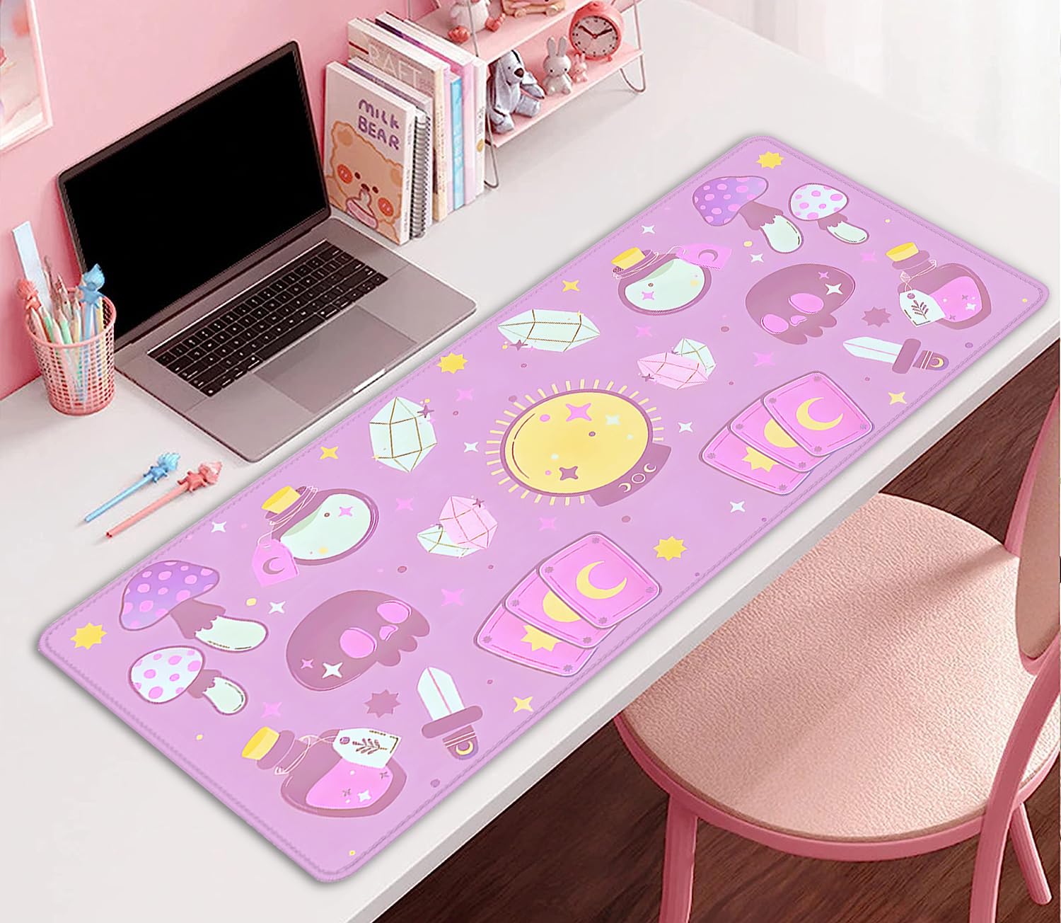 Kawaii Purple Desk Mat,Desktop Mat for Cute Witchy Elements Mouse Pad,Extended Keyboard Mousepad