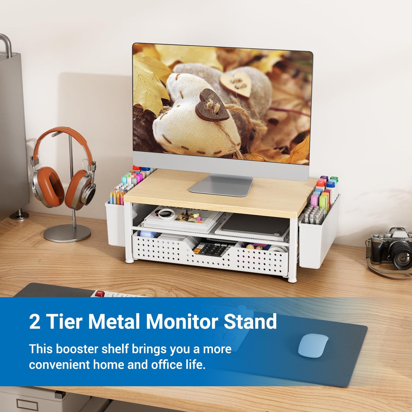 Gugsey Wood Metal Monitor Stand Riser, Laptop Stand for Desk, Office Desk Organizer and